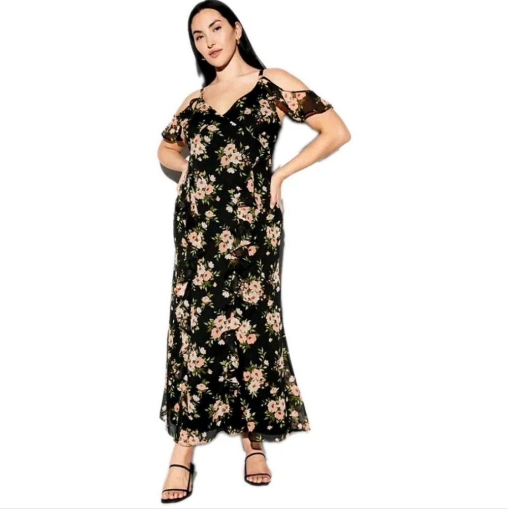 Old Navy Occasion Ruffled Chiffon Maxi Dress Woman Plus Size 18 Black Floral Nwt